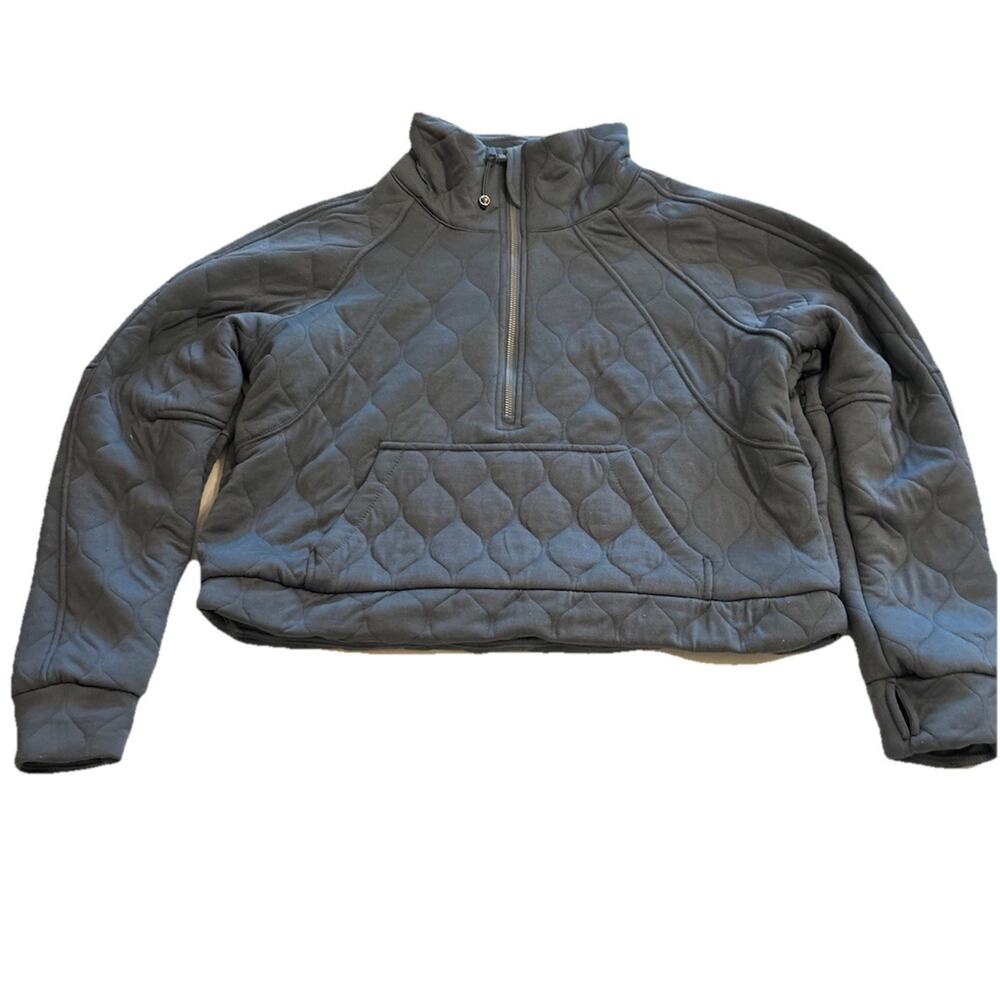 NWT Women’s Large Oversized Blue Cropped Sweatshirt Funnel-Neck Half Zip‎ Puffy